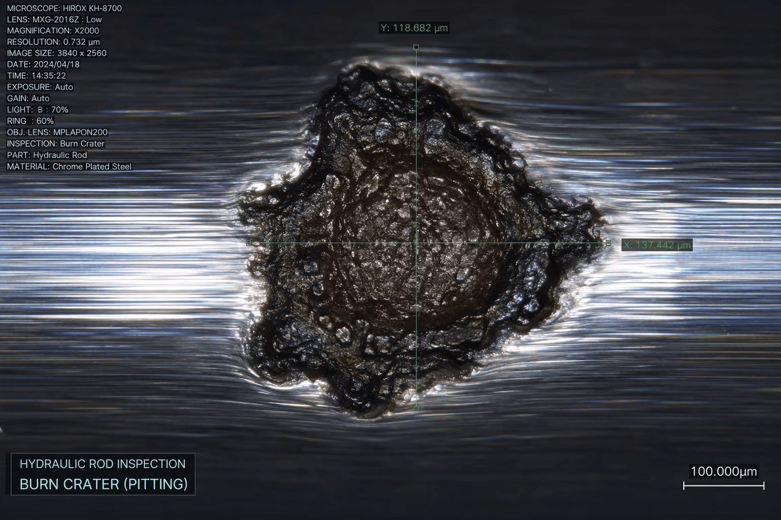 Microscopic burn craters caused by hydraulic fluid static discharge